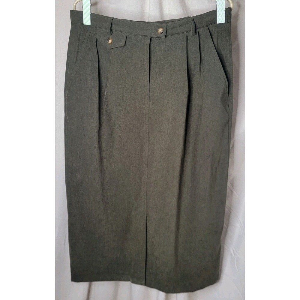 VTG Orvis Olive Green Pleated Midi Skirt Womens 12 USA Made Classic Career